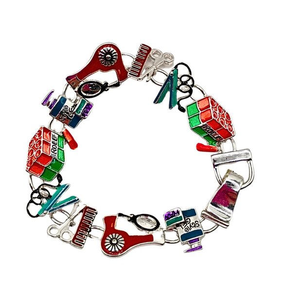 Unknown Jewelry - VTG 90s Women Silver Tone Hair Stylist Charm Bracelet Fun Statement Multicolor